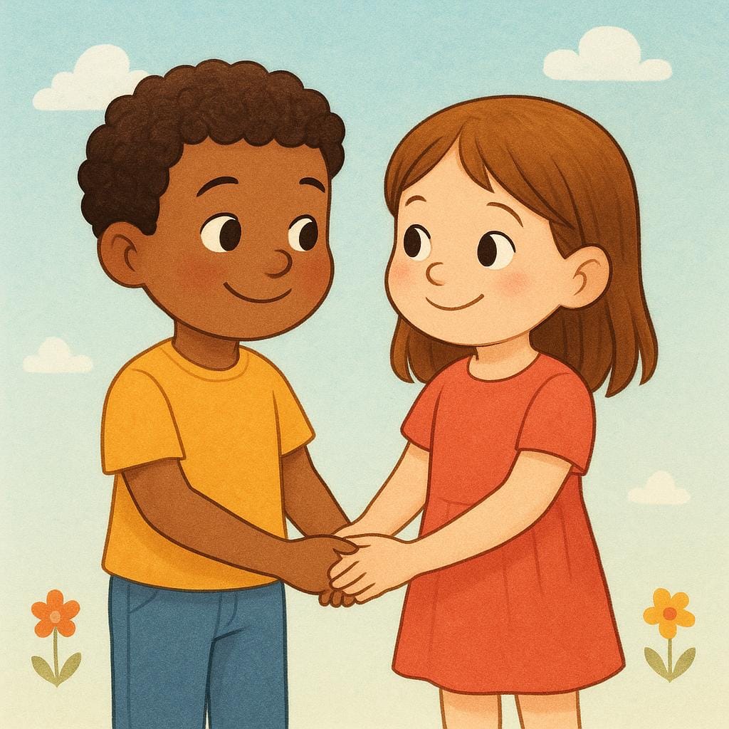 Um menino e uma menina sorrindo calorosamente enquanto seguram as mãos firmemente, simbolizando um relacionamento forte e próximo.