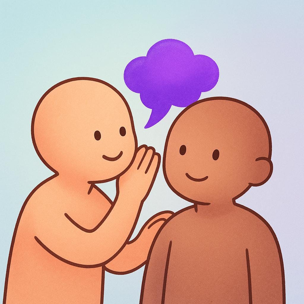 Two stylized figures sharing a secret, where a bright purple cloud shape emanates from the speaker's mouth into the listener's ear, visually symbolizing the spreading of an unverified story or gossip.