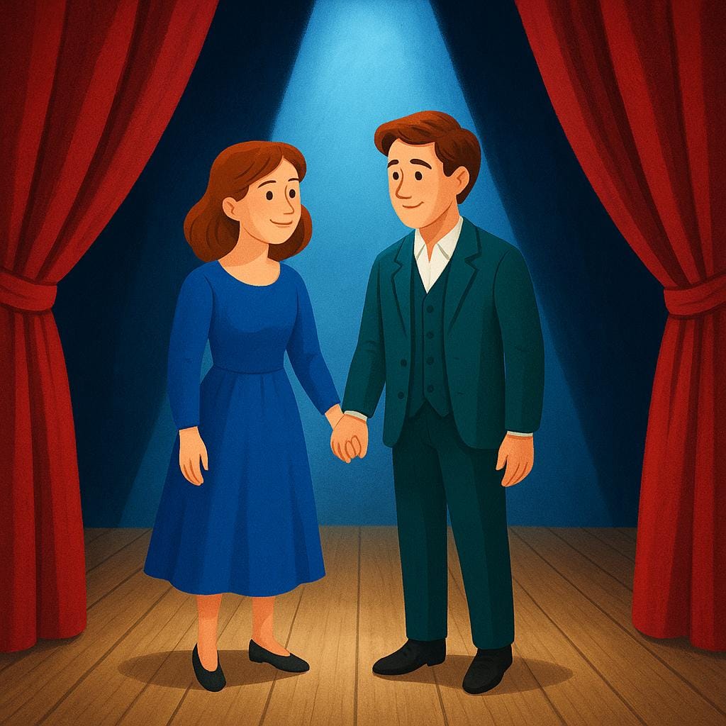 Two characters meeting under a spotlight on a stage, framed by red curtains, illustrating a section of a story.