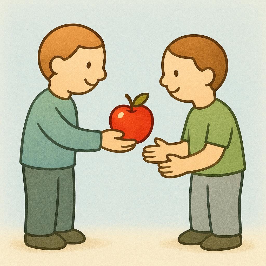 A child on the left is extending their hand to pass a bright red apple to a child on the right, illustrating the transfer of an object.
