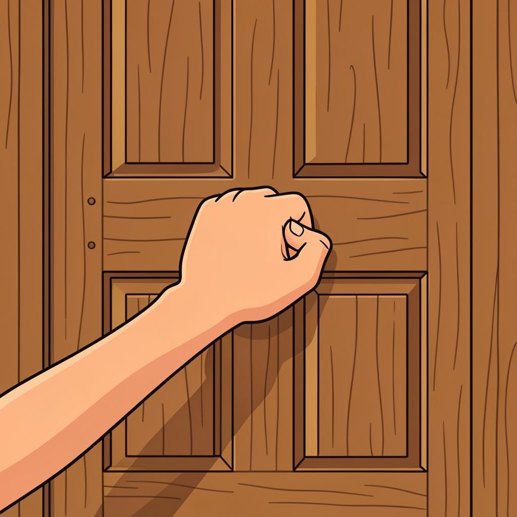 A person's closed fist knocking on a wooden door.
