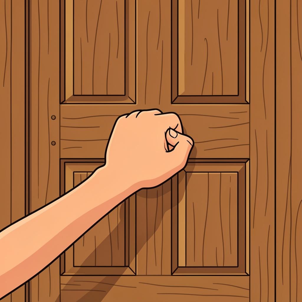 A person's closed fist knocking on a wooden door.
