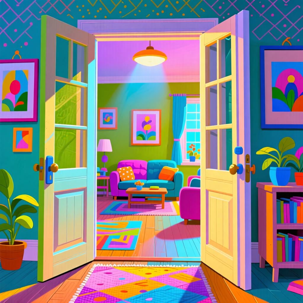 A welcoming, brightly lit open doorway leading into a cozy, colorful living room, with a clear path inviting entry.