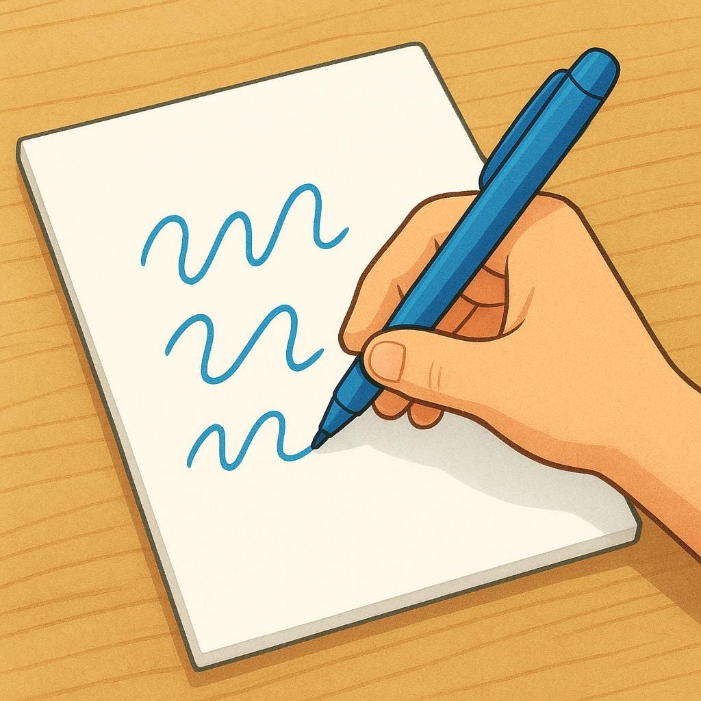 Een close-up van een hand die een blauwe pen vasthoudt en actief eenvoudige, gebogen lijnen tekent op een schoon vel wit papier in een notitieboekje.