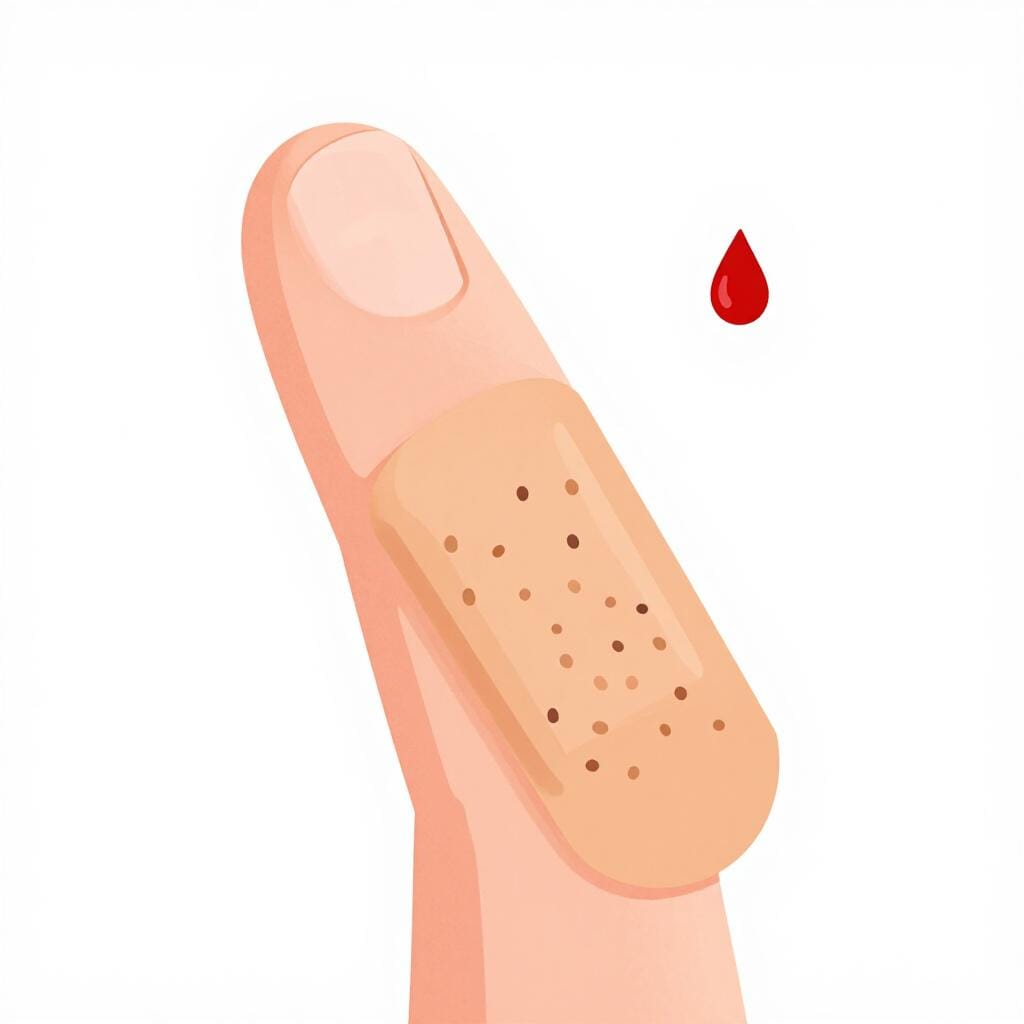 A small red bandage on a person's finger with a single tiny drop of red blood.