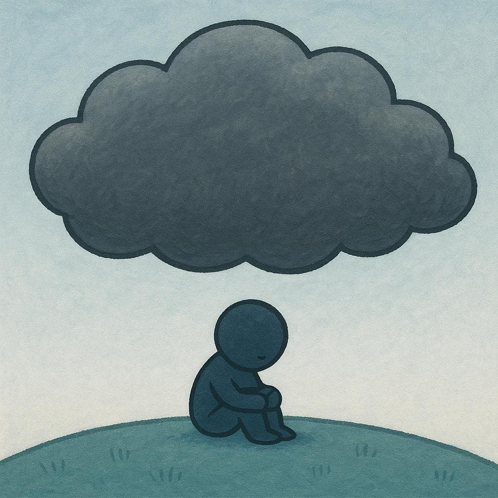 Een klein persoon zit alleen op de grond onder een grote, zware grijze wolk die boven hen hangt.