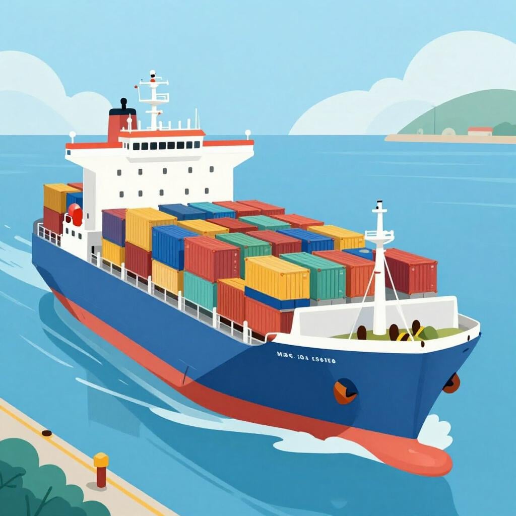 A large cargo ship entering a busy port carrying colorful shipping containers.