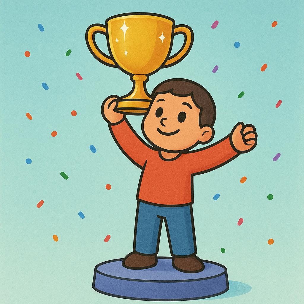 A cartoon figure standing on a small pedestal holding a large, golden, glittering trophy above their head, symbolizing excellence.