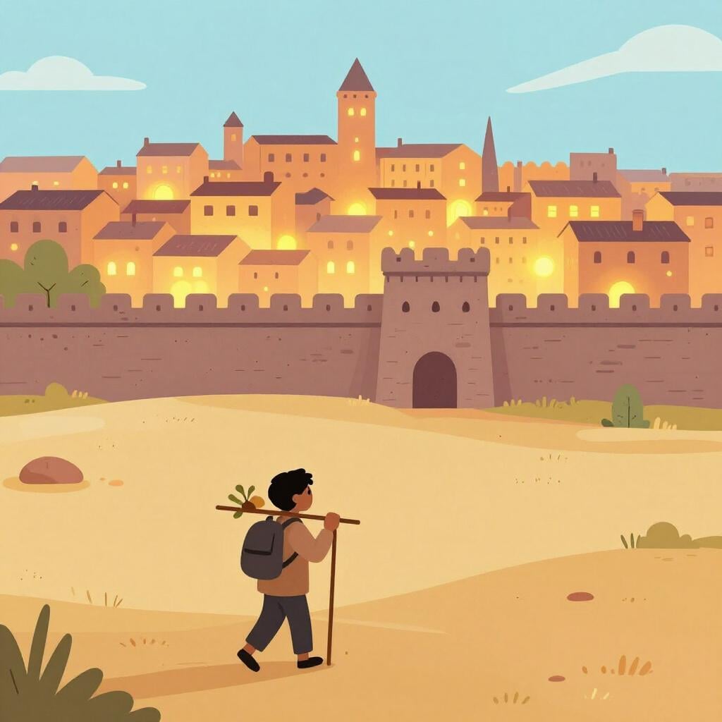 遠くのカラフルな村から、広大で何もない地平線に向かって歩き去る一人の旅人の姿。