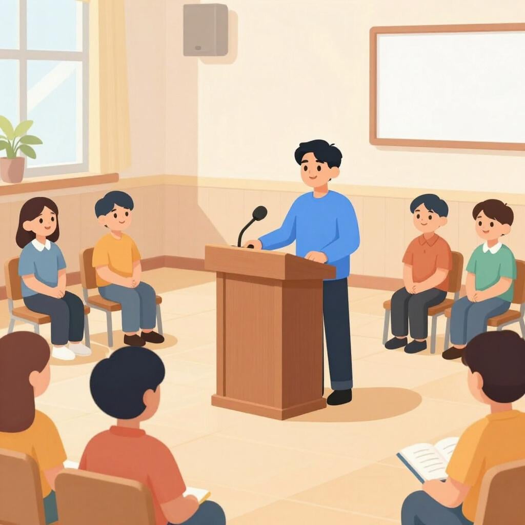 A person standing at a podium in front of a small crowd, representing a group.