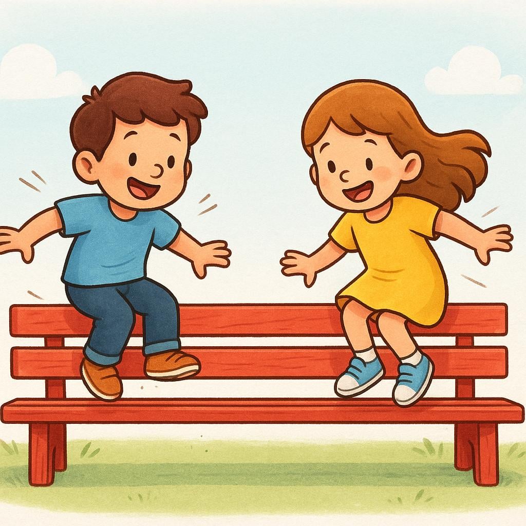 Two cheerful cartoon figures, a boy and a girl, are simultaneously in the motion of lowering themselves onto a long, red wooden bench, illustrating the reflexive action of 'sitting down ourselves'.