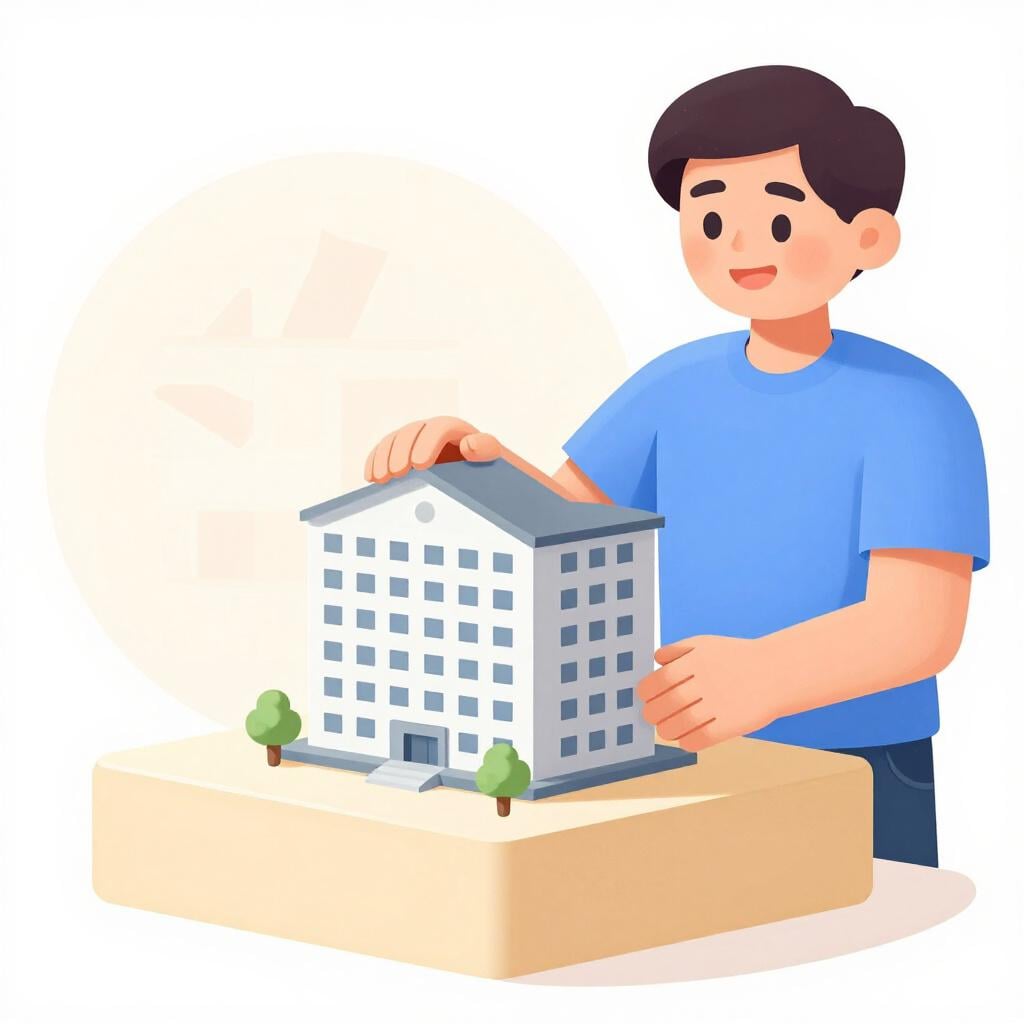 A cheerful person carefully placing a small, miniature building model onto a solid pedestal, symbolizing the establishment of an institution.