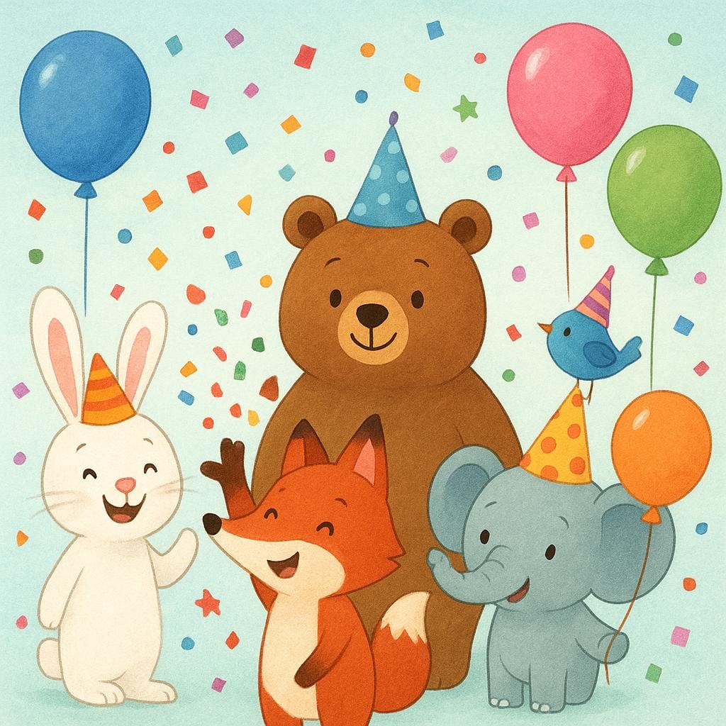 A group of joyful animals wearing colorful party hats and throwing confetti in the air.