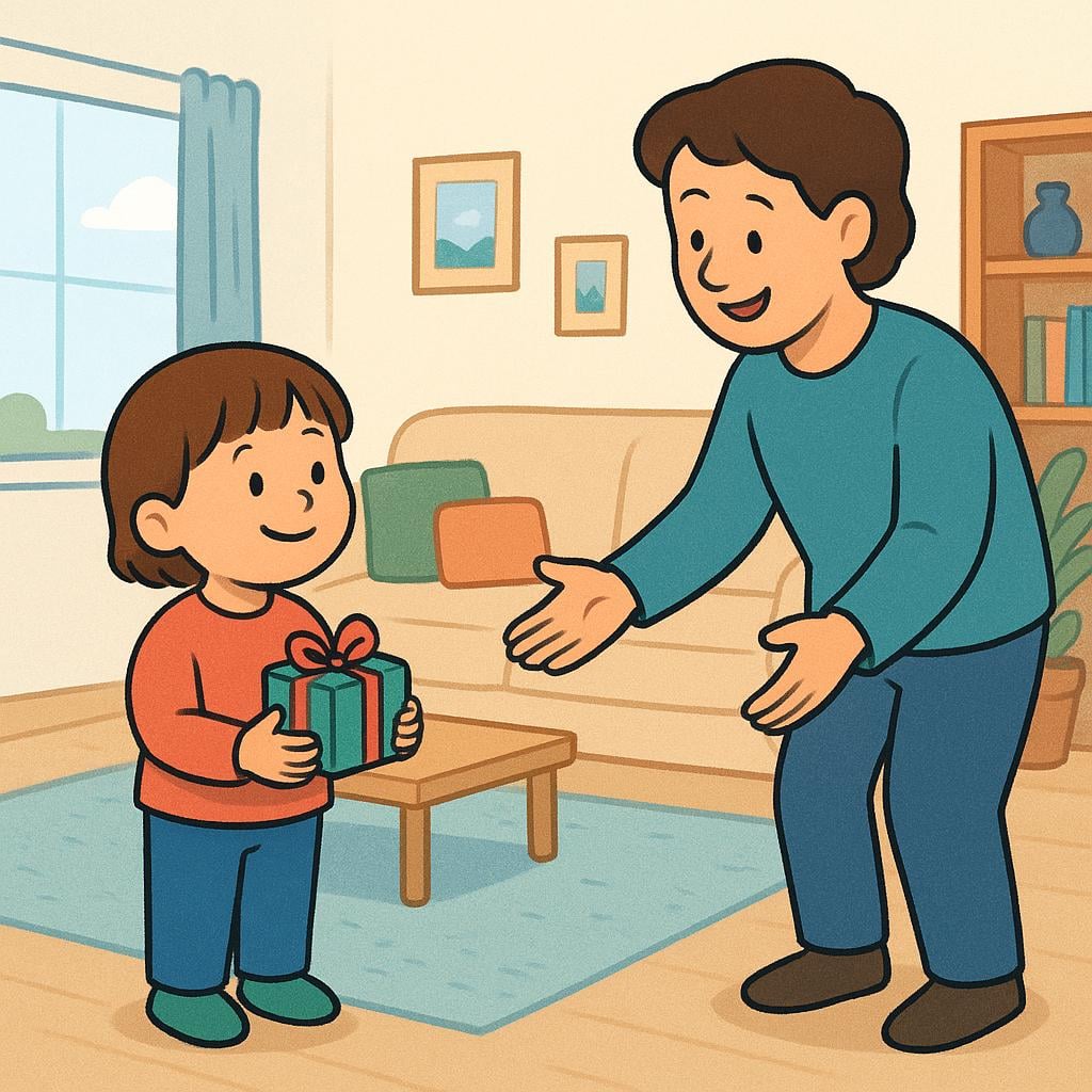 A young child visitor holding a small wrapped present stands in a brightly lit, cozy living room, welcomed by an adult figure.