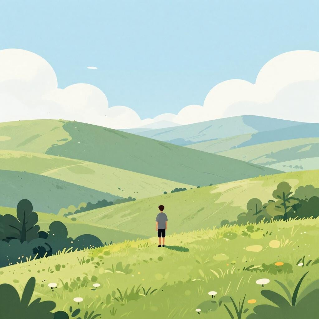 Uma pessoa sozinha em pé em uma colina verde observando uma paisagem vasta e tranquila, representando uma impressão geral de paz.