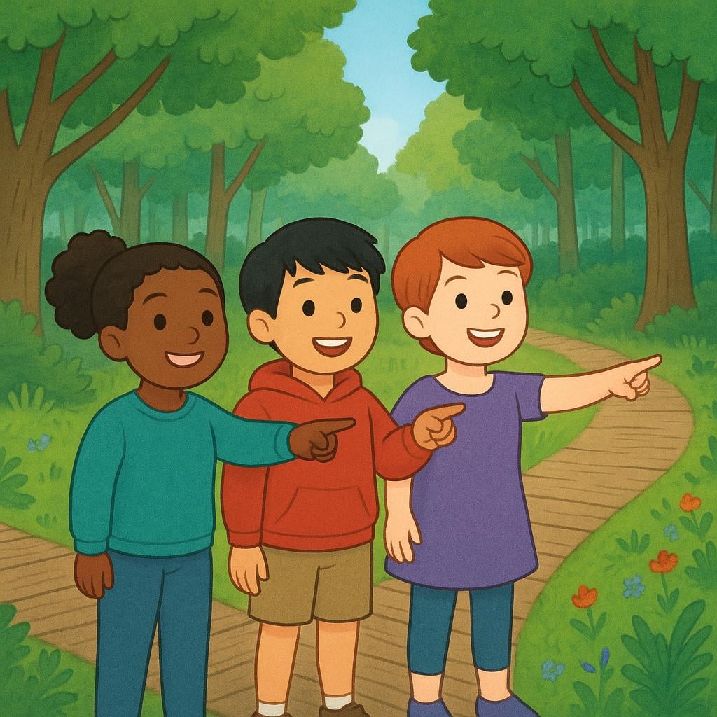 A group of three friends standing at a fork in a forest path, all pointing together toward the sunny path on the right.