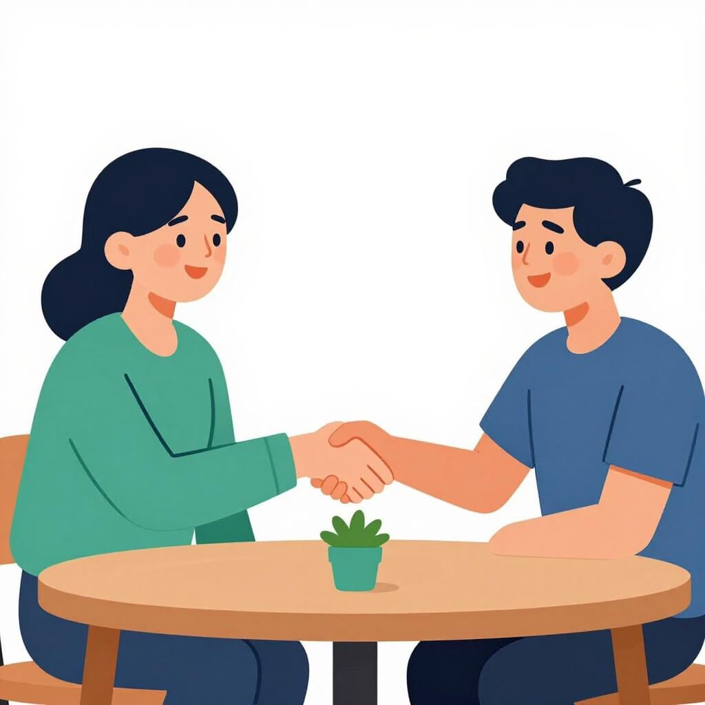 Duas pessoas a apertar as mãos sobre uma mesa com uma única planta verde.