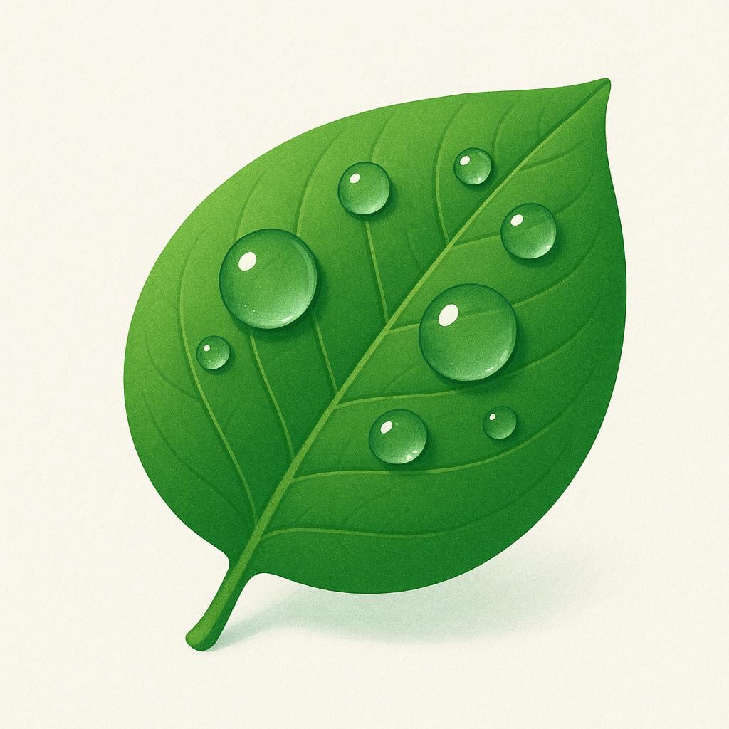 A single, vibrant green leaf covered in sparkling morning dew drops, emphasizing freshness and nature.