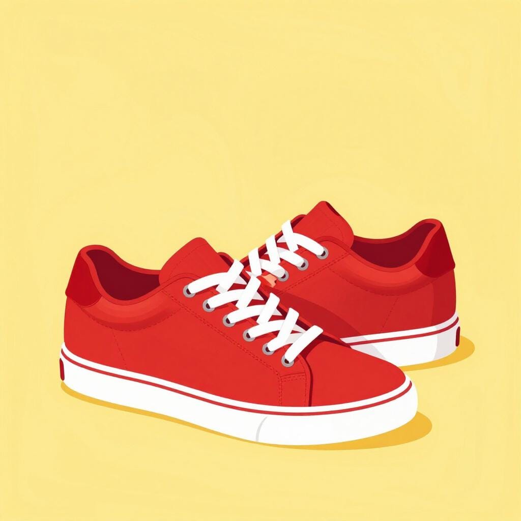 A pair of bright red, stylish sneakers on a plain yellow background.