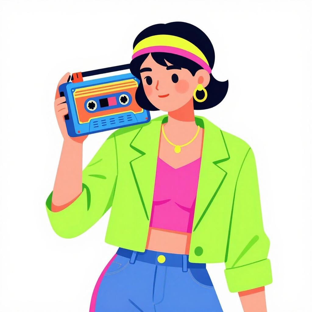A person wearing neon-colored clothing and a large cassette tape player.
