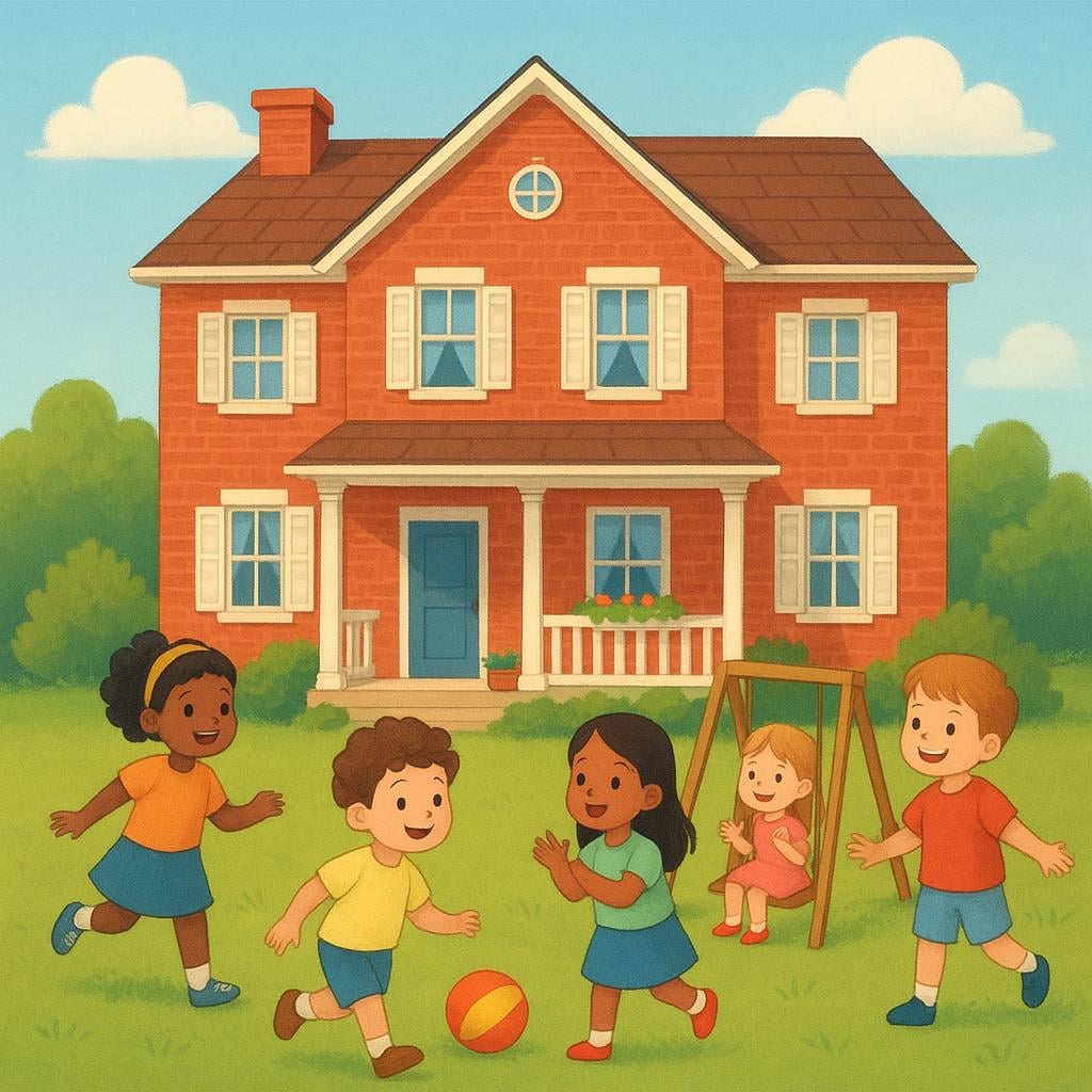 A large, friendly brick building with many windows and a playground where children are playing together in the yard.