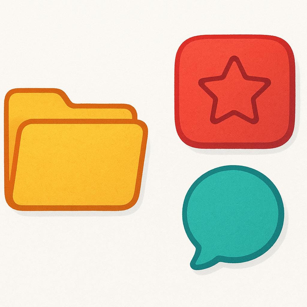 A stylized, colorful representation of a digital desktop interface with abstract shapes symbolizing icons and folders.