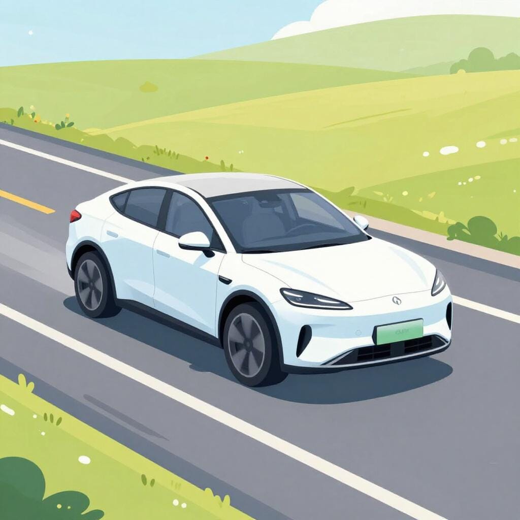 A high quality simple colorful storybook illustration of a sleek, fast car driving smoothly on a winding road with speed lines behind it.