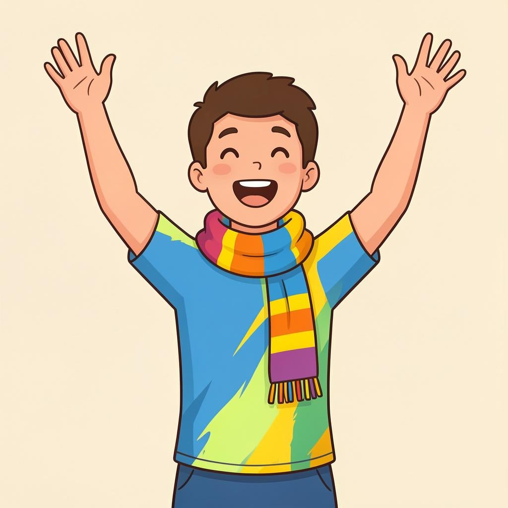 A person wearing a team jersey and scarf, cheering enthusiastically with arms raised.