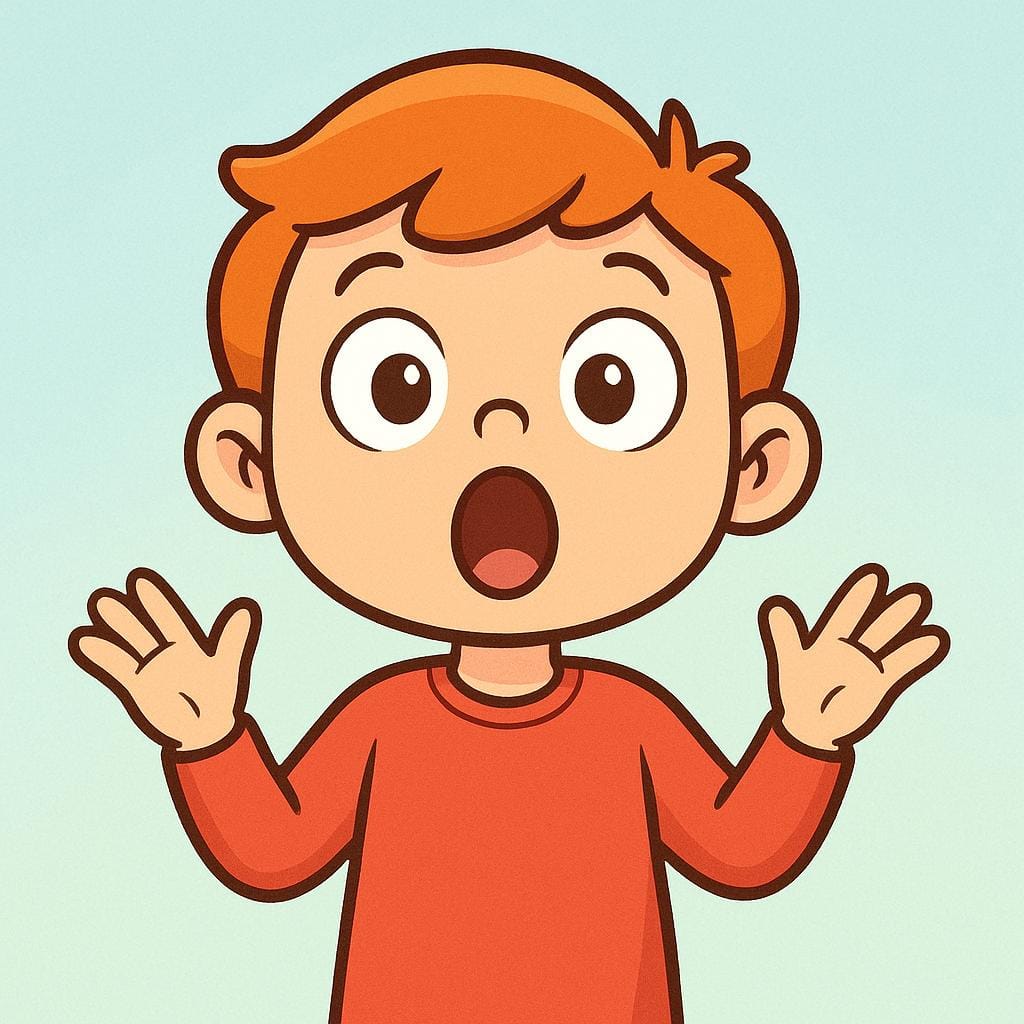 Un personnage les yeux écarquillés et la bouche ouverte d'admiration, les mains légèrement levées dans un geste de surprise absolue.