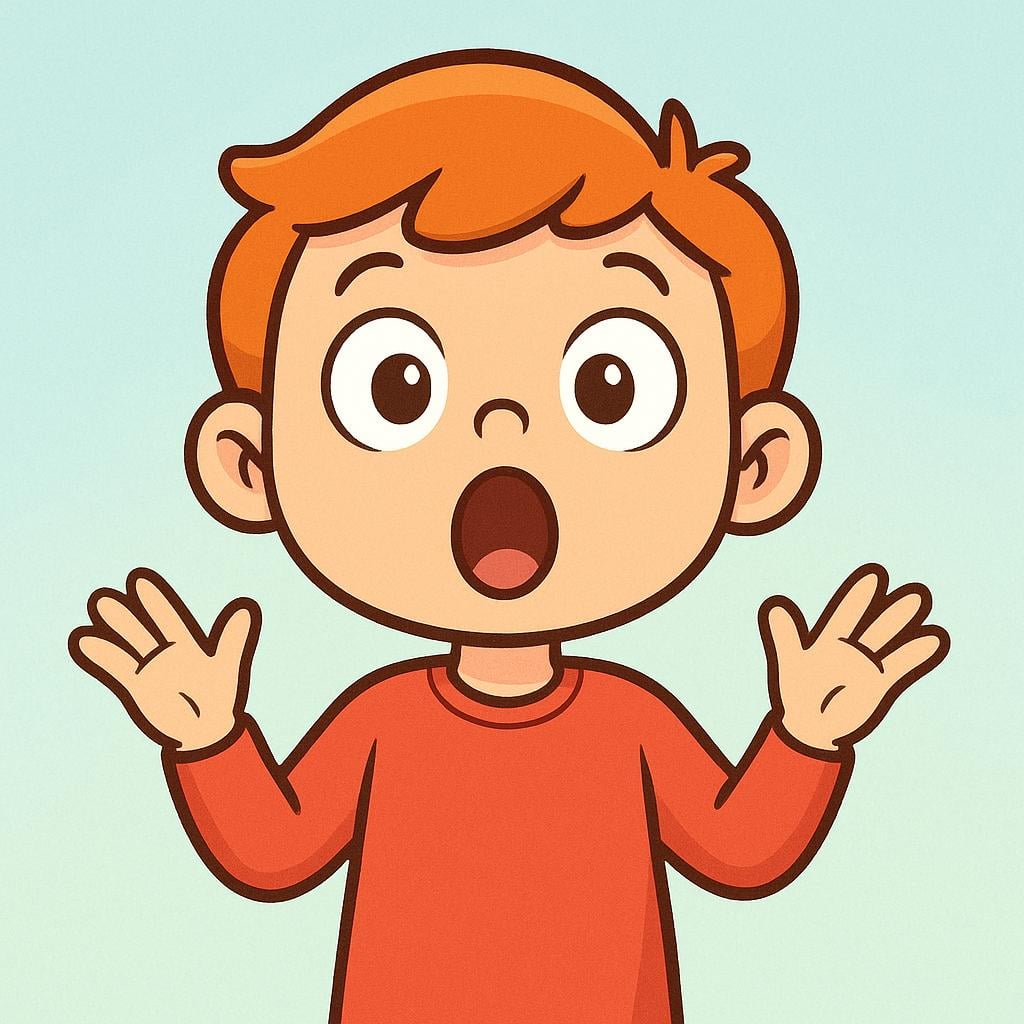 A character with wide eyes and their mouth open in awe, hands slightly raised in a gesture of absolute surprise.