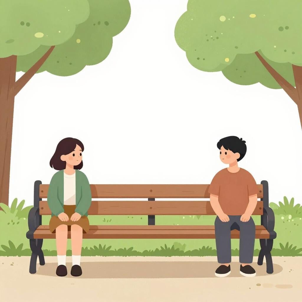 Two people sitting on opposite ends of a long park bench looking away from each other.