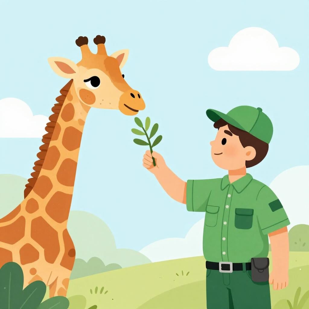 Een persoon in uniform die een grote giraf voert in een dierentuin.