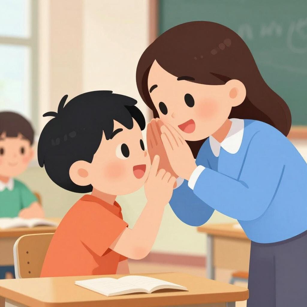 Un enfant chuchotant à l'oreille d'un enseignant tout en montrant du doigt un autre enfant qui cache un jouet.