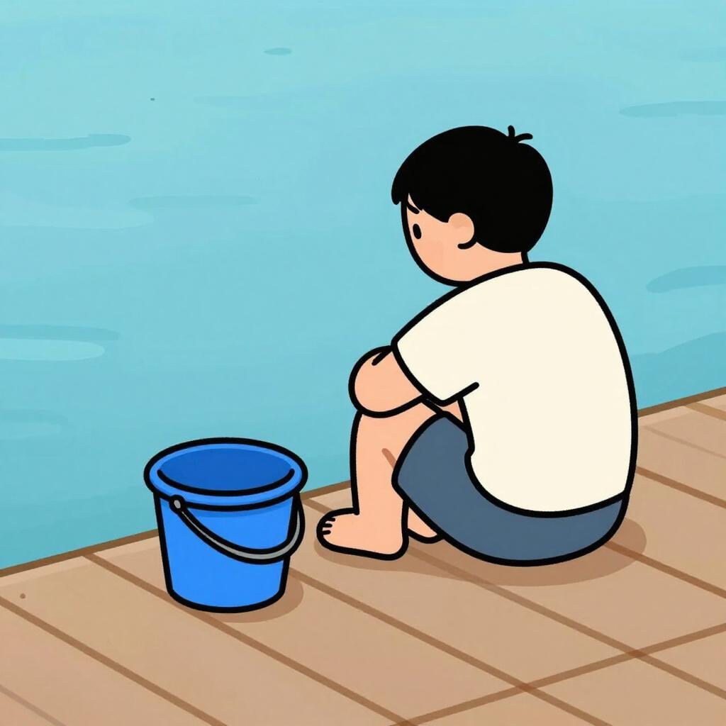 Un pêcheur triste assis sur un quai en bois à côté d'un seau vide, sans aucun poisson en vue.