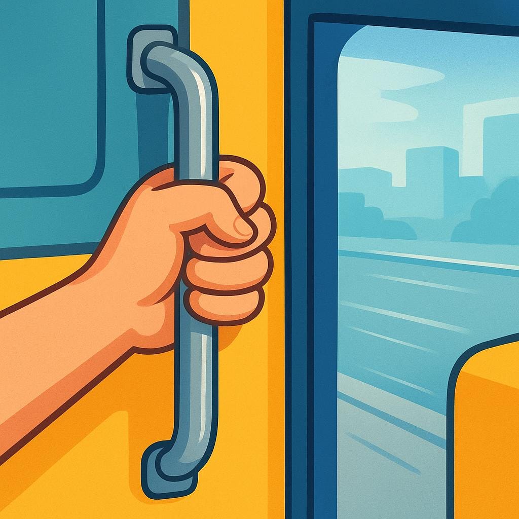 A person's hand firmly gripping the metal handle rail of a yellow moving bus, showing they just managed to catch the transport.