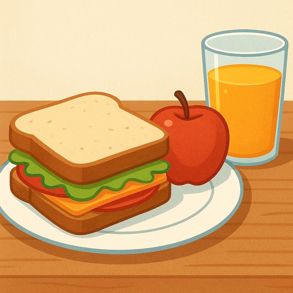 A simple, prepared lunch meal consisting of a sandwich, an apple, and a glass of orange juice on a plate set on a table.