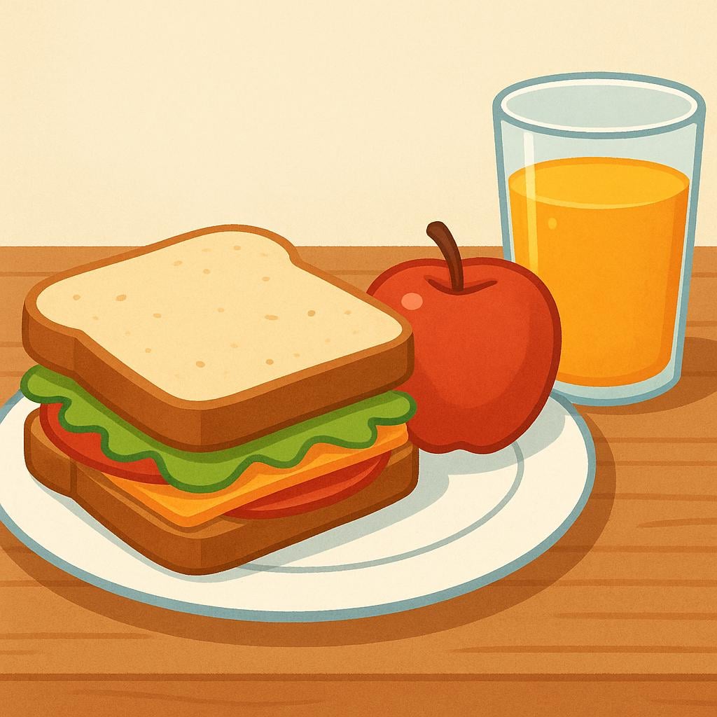 A simple, prepared lunch meal consisting of a sandwich, an apple, and a glass of orange juice on a plate set on a table.