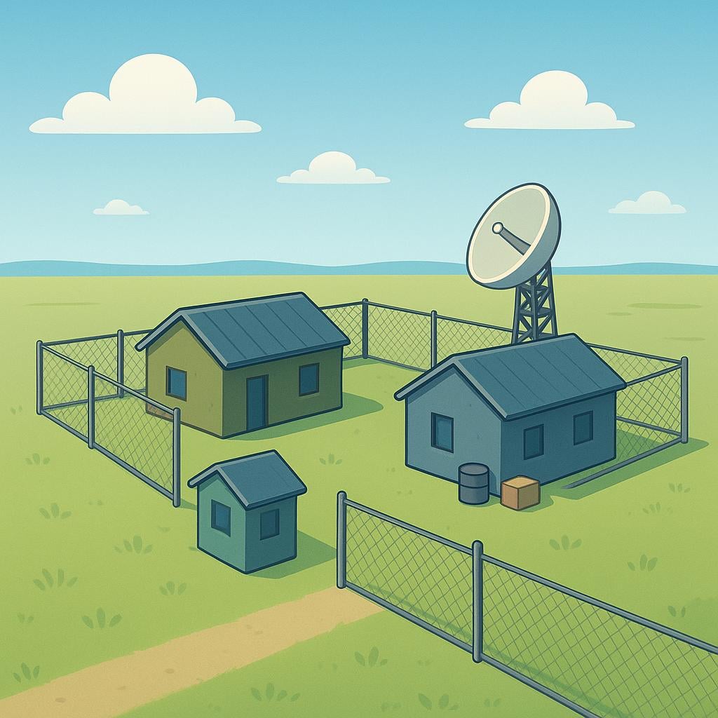 A simplistic illustration of a military installation, featuring a few low barracks buildings surrounded by a fence on a flat desert landscape.