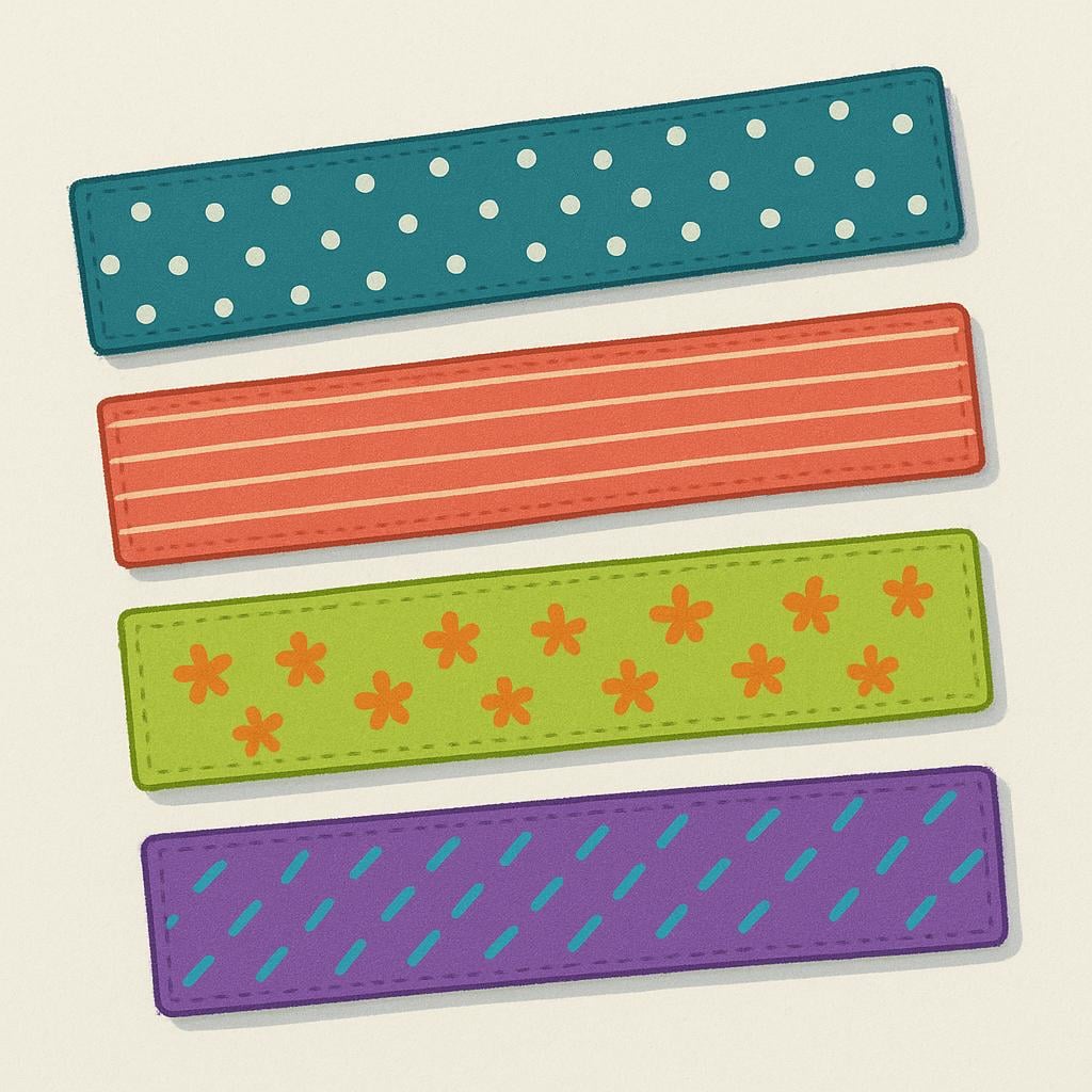 Une illustration simple de quatre bandes de tissu colorées distinctes, longues et étroites, telles que bleu, jaune, vert et rouge, disposées côte à côte sur une surface neutre.