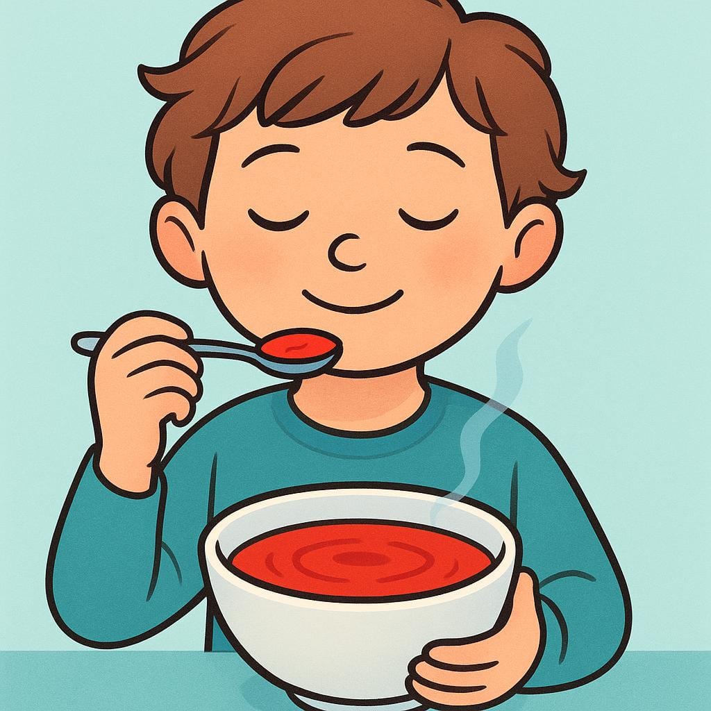 Eine Person lächelt, während sie vorsichtig einen kleinen Löffel leuchtend roter Suppe aus einer weißen Schüssel probiert.