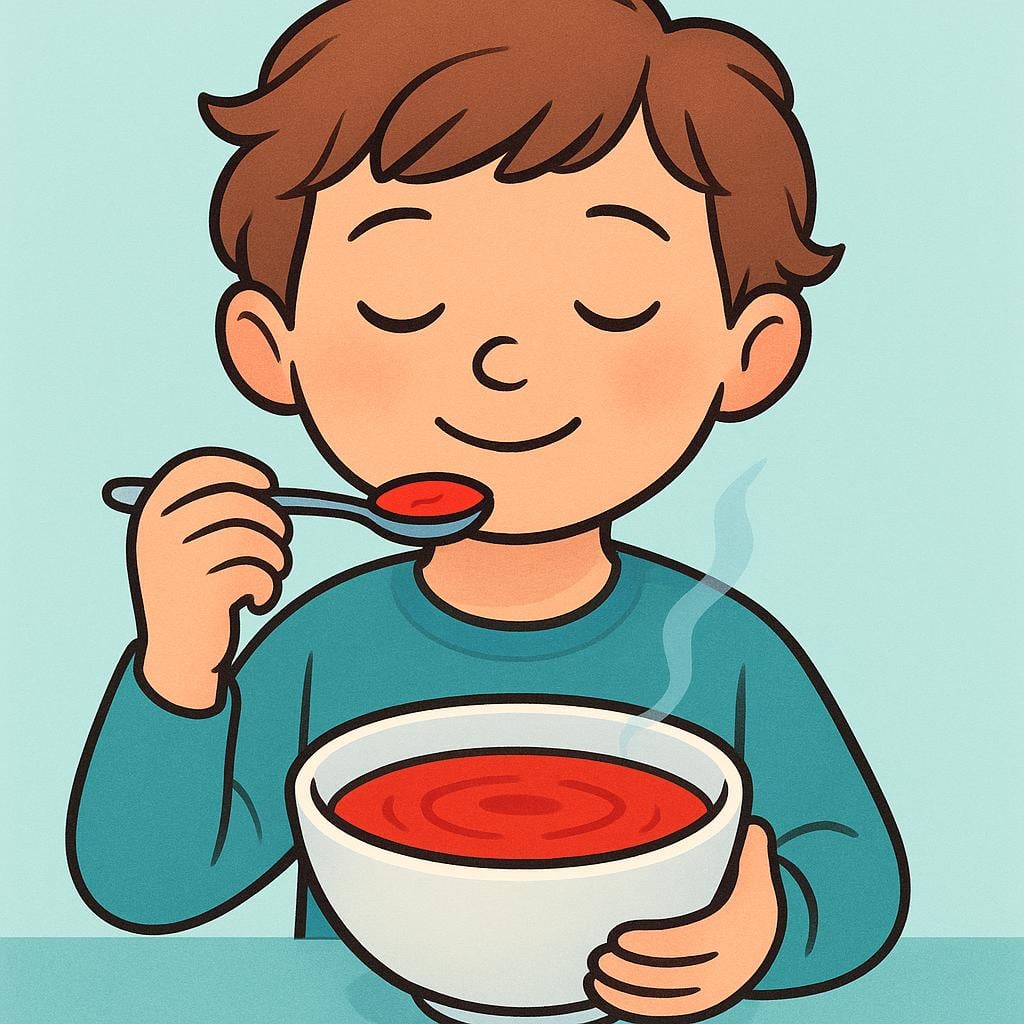 A person smiling while carefully tasting a small spoonful of bright red soup from a white bowl.
