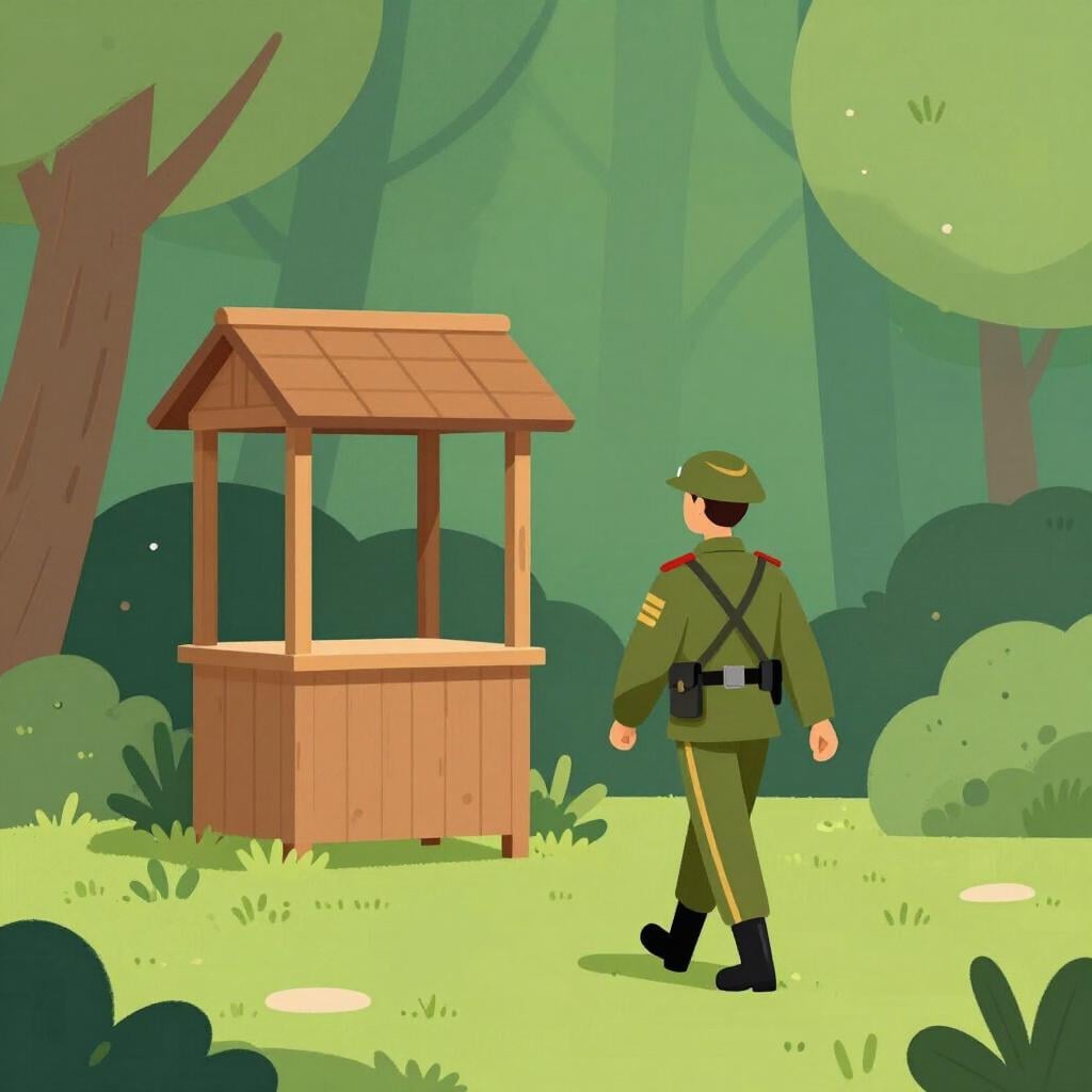 Un soldat en uniforme s'éloignant d'un poste de garde solitaire vers une forêt lointaine, laissant son poste vide.