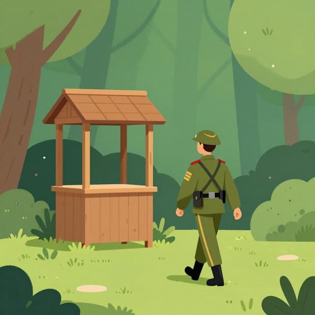 A soldier in uniform walking away from a lone guard booth towards a distant forest, leaving their post empty.