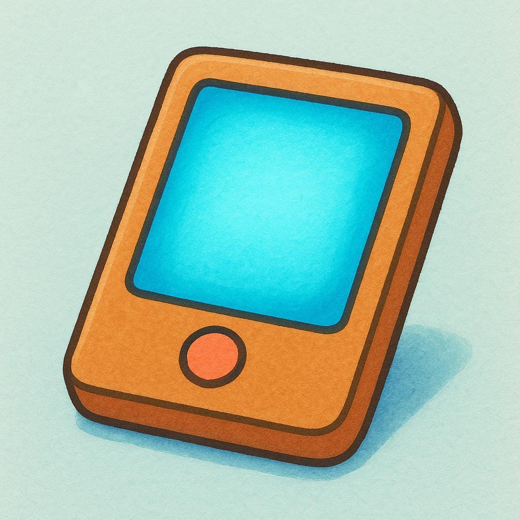 A simplified, friendly-looking electronic device with a glowing screen, sitting on a colorful surface.