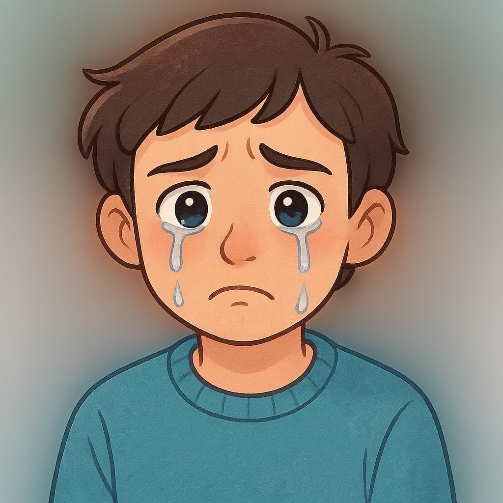 A simplified illustration of a young person crying with large, visible tears streaming down their face.