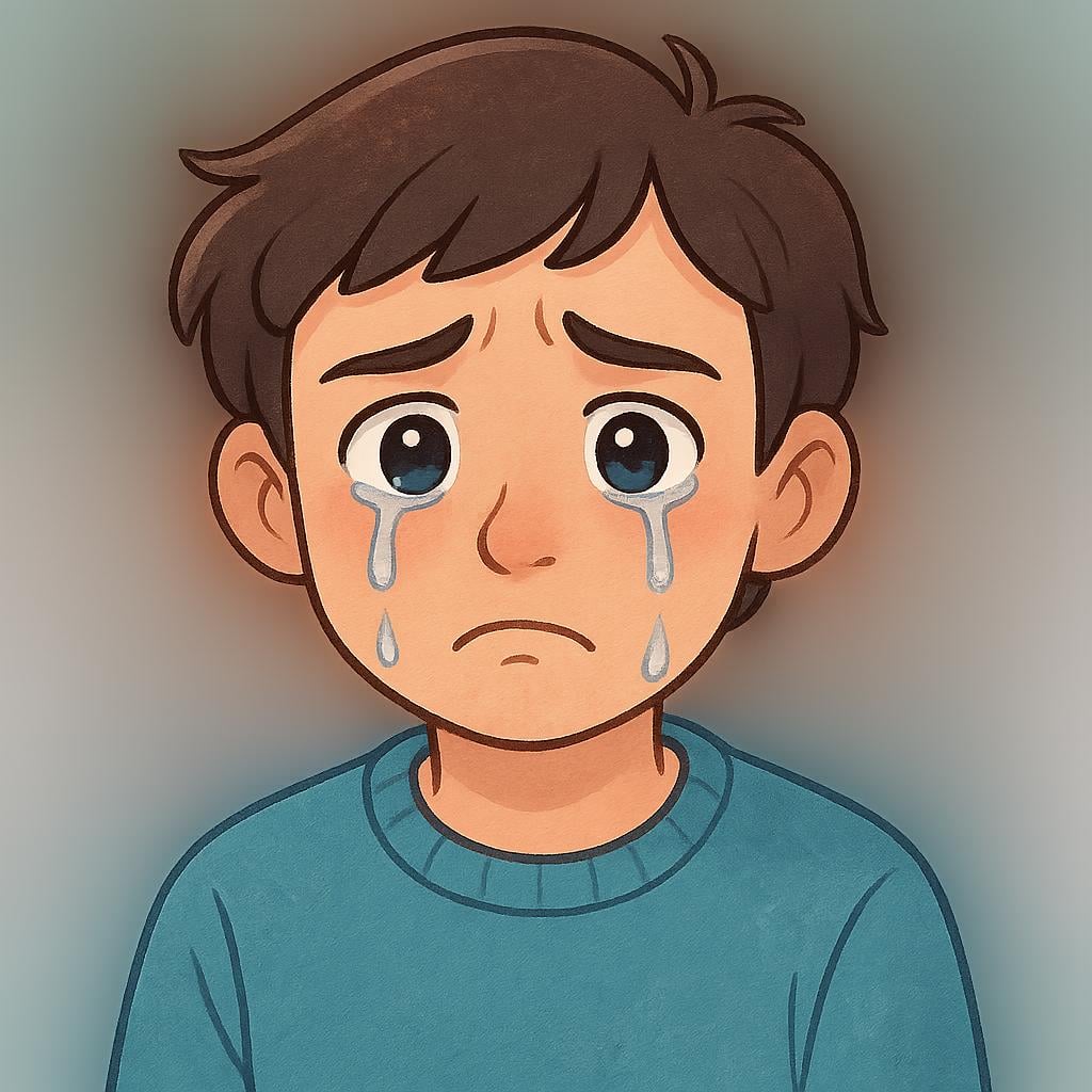 A simplified illustration of a young person crying with large, visible tears streaming down their face.
