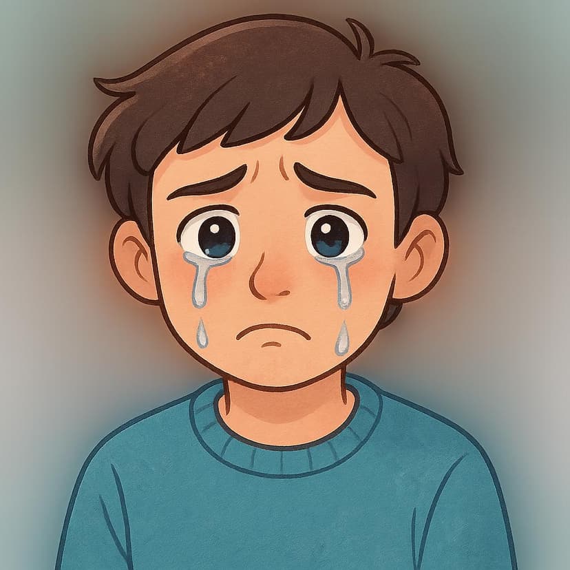 A simplified illustration of a young person crying with large, visible tears streaming down their face.
