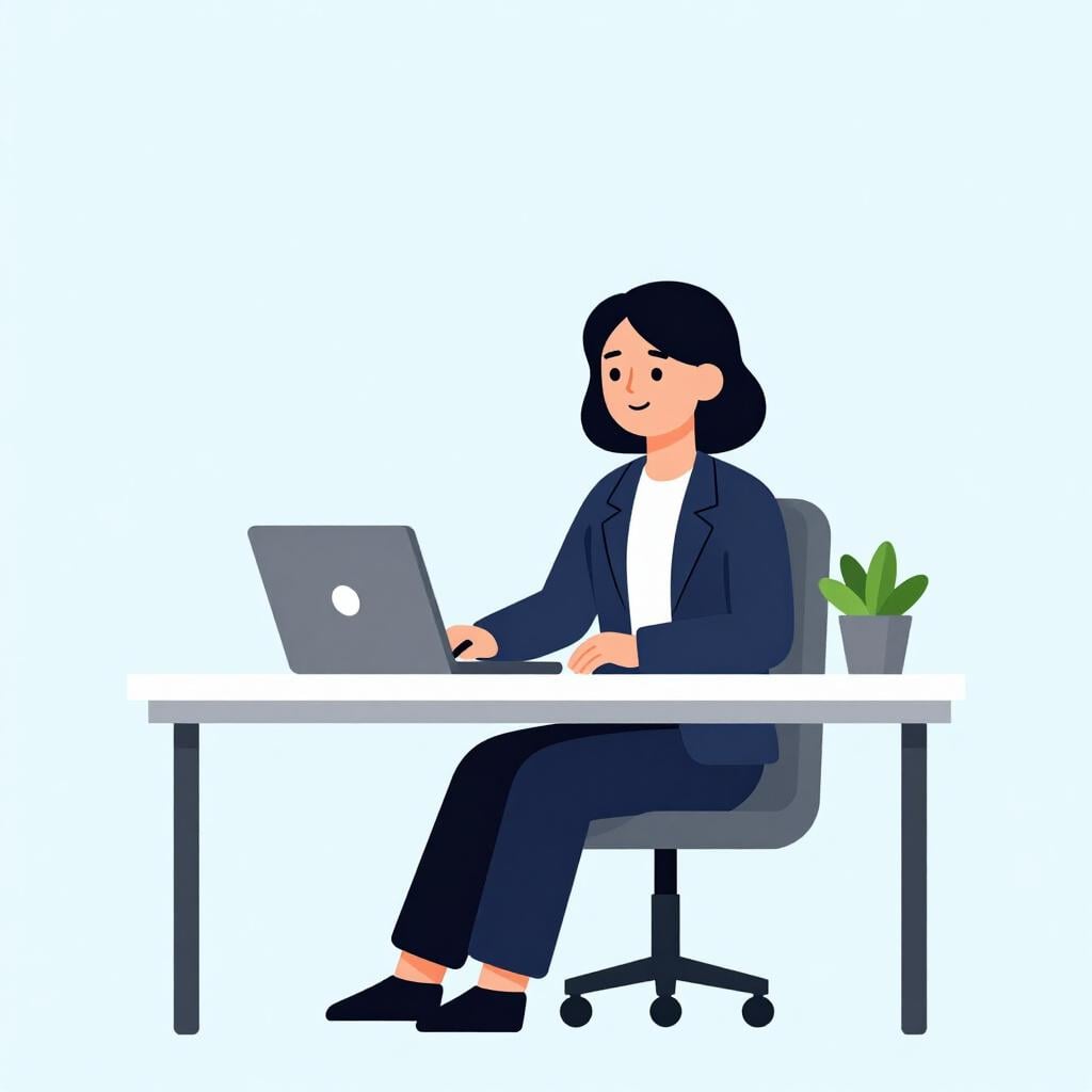 A professional woman in business attire sitting at a desk with a laptop and a small desk plant.