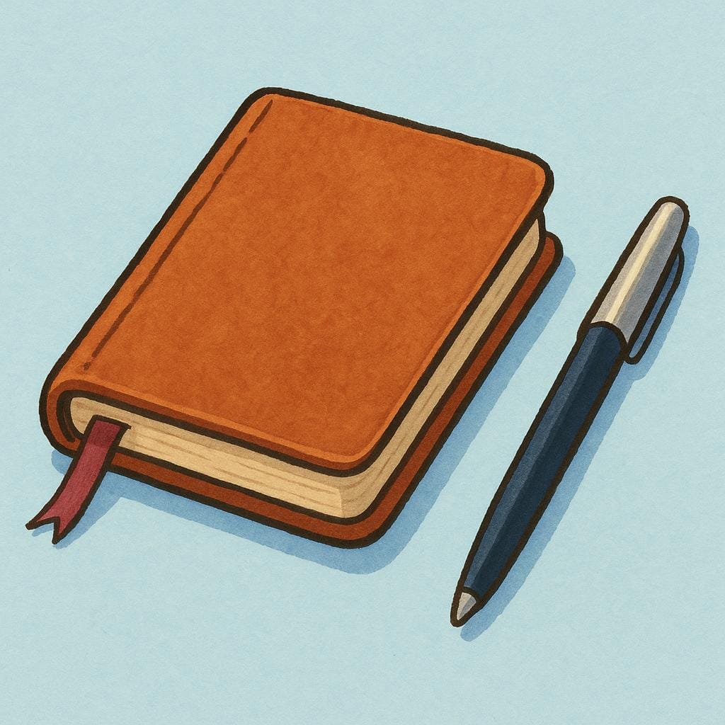 A small, closed, leather-bound book with a ribbon bookmark, representing a personal diary, placed next to a simple pen.