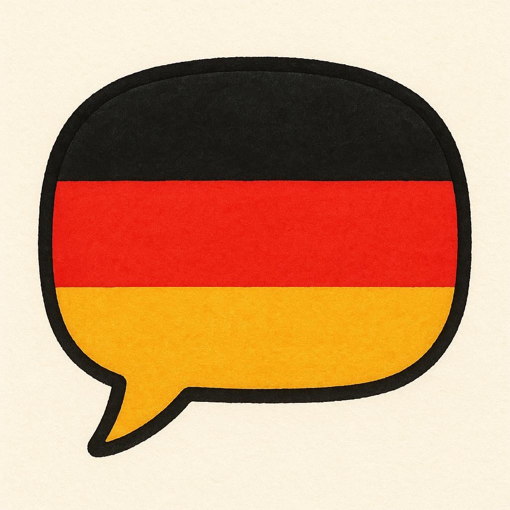 A stylized speech bubble colored with the black, red, and gold stripes of the German flag, symbolizing the German language.